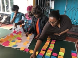 Women in Congo lead a human-centered design sprint, using colorful sticky notes.